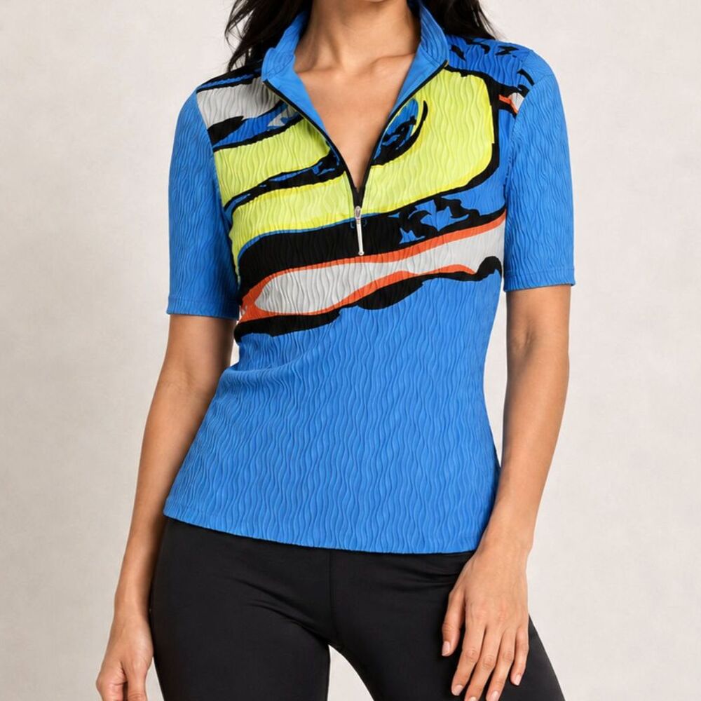 Vintage Y2K Blue Abstract Zip Neck Top Size Small